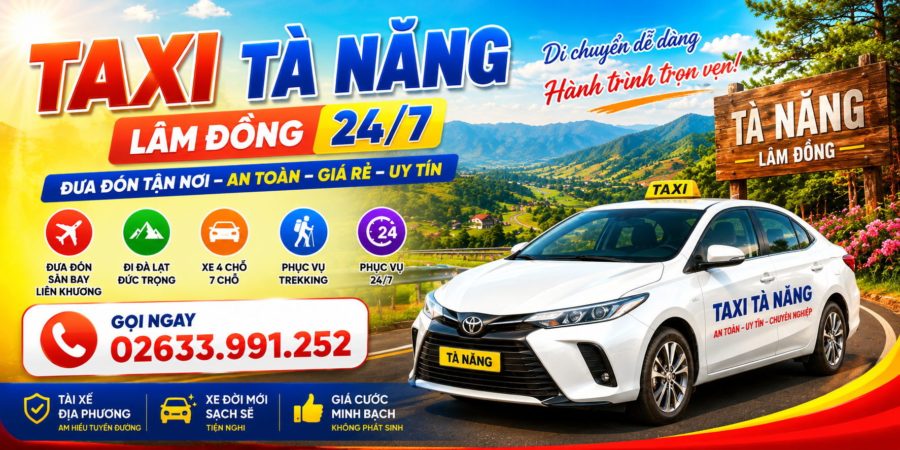Hình ảnh xe taxi đang đưa du khách tham quan các điểm nổi bật quanh Tà Năng, Đức Trọng và Đà Lạt. Dịch vụ phù hợp cho khách cá nhân, gia đình hoặc nhóm bạn