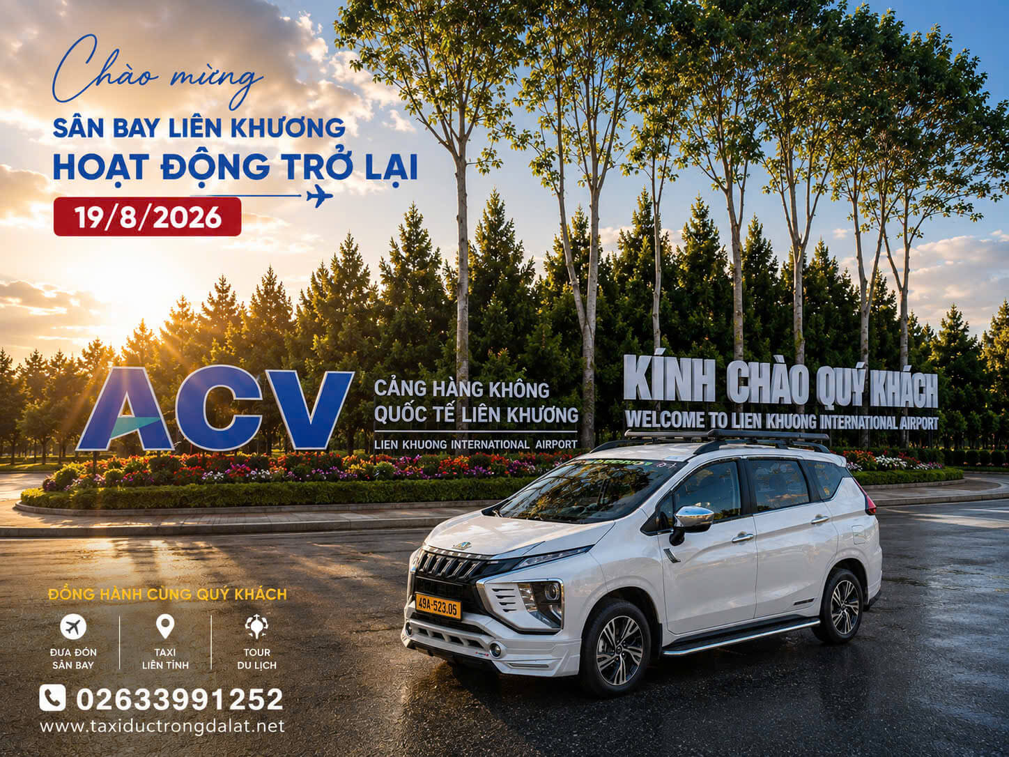 Taxi Đức Trọng đón khách trước cổng sân bay Liên Khương ngày mở cửa trở lại 19/8/2026 Xe taxi Đức Trọng Đà Lạt trước bảng chào mừng sân bay Liên Khương hoạt động trở lại