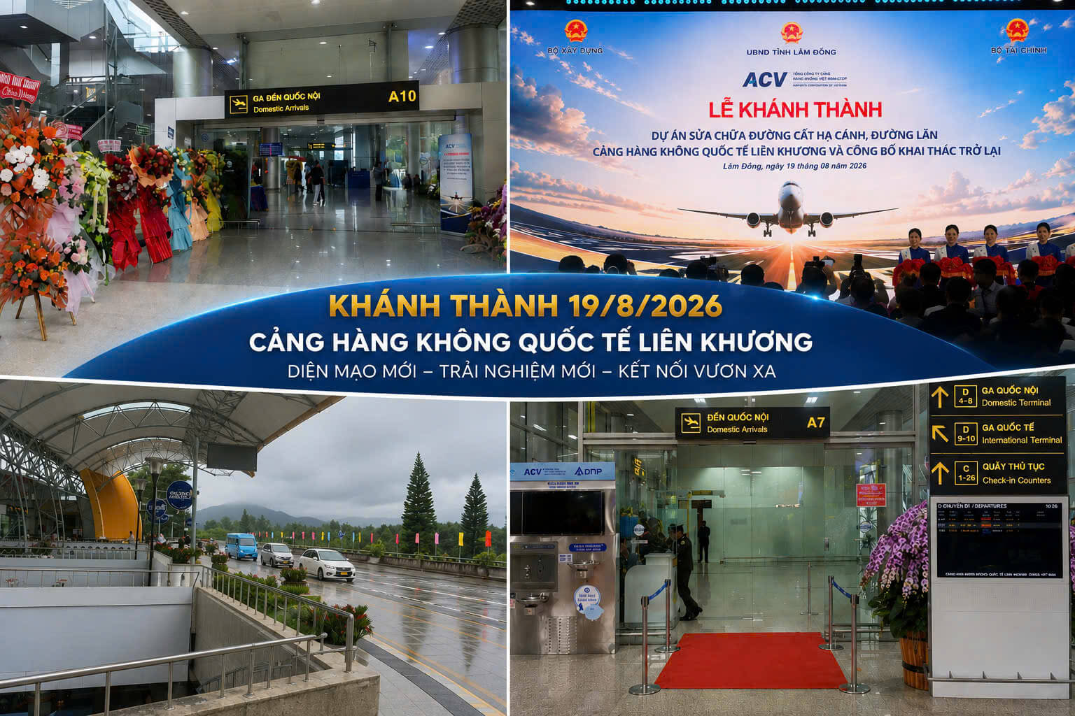 Lễ khánh thành Sân bay Liên Khương 19/8/2026 - hoa chúc mừng và đón khách Hoa chúc mừng tại ga đến quốc nội và lễ khánh thành Cảng hàng không Liên Khương
