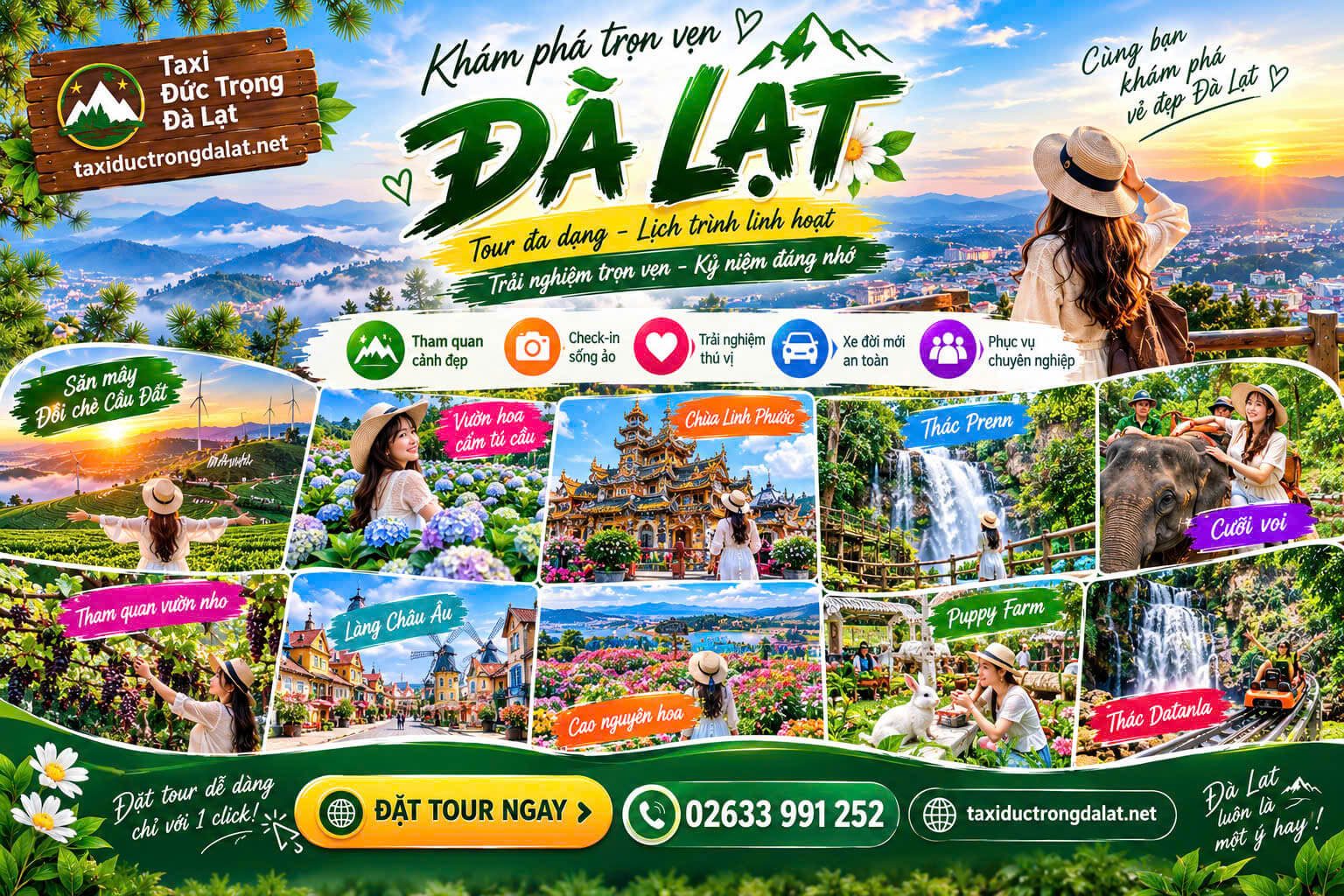 Tour Đà Lạt 1 Ngày Từ Đức Trọng: 10 Lịch Trình + Xe Ghép Đoàn 2026 Tổng hợp các điểm tham quan Đà Lạt nổi tiếng: Chùa Linh Phước, Thác Prenn, Puppy Farm, Đồi Chè Cầu Đất, Thác Datanla – dịch vụ xe tour đưa đón từ Đức Trọng của Taxi Đức Trọng Đà Lạt