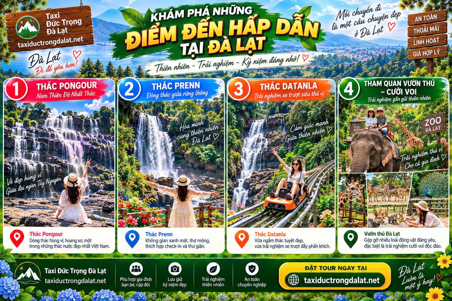 Tour Đà Lạt 1 Ngày Từ Đức Trọng: 10 Lịch Trình + Xe Ghép Đoàn 2026 Tour 3 thác Đà Lạt – thác Pongour, thác Prenn, vườn thú mini và cảnh quan thiên nhiên