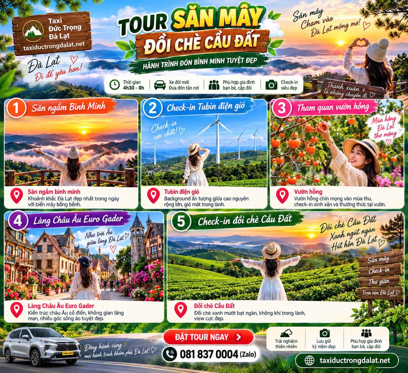 Tour Đà Lạt 1 Ngày Từ Đức Trọng: 10 Lịch Trình + Xe Ghép Đoàn 2026 Tour săn mây Cầu Đất Đà Lạt – đồi chè, cung đường uốn lượn trong sương sớm