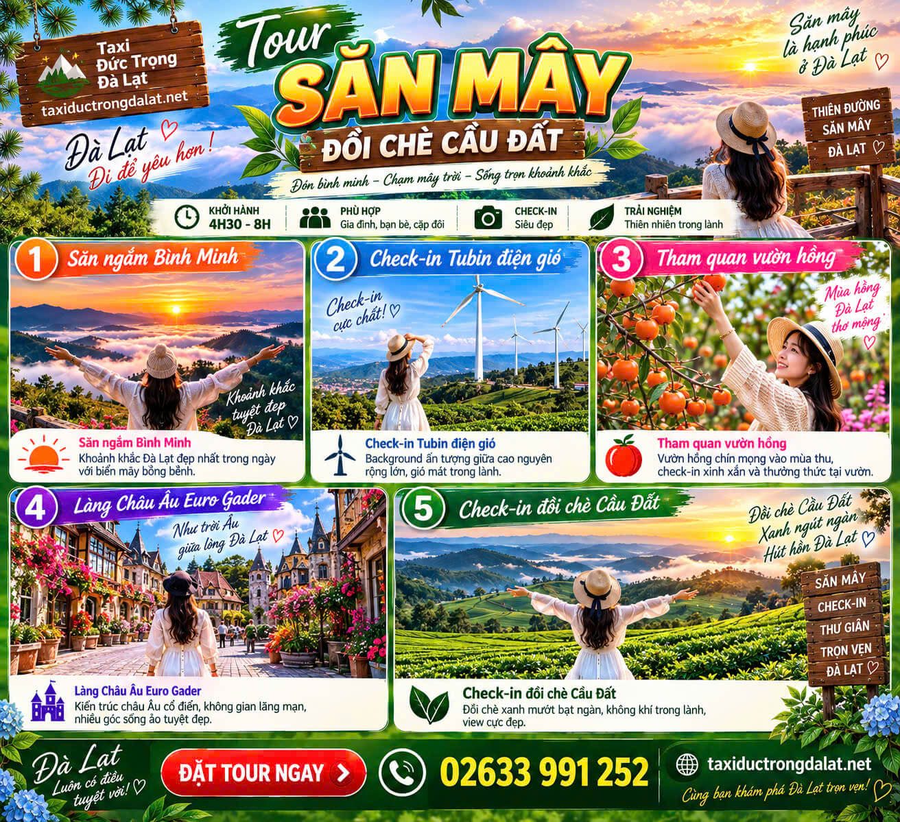 Tour Đà Lạt 1 Ngày Từ Đức Trọng: 10 Lịch Trình + Xe Ghép Đoàn 2026 Lịch trình Tour Săn Mây Đồi Chè Cầu Đất – 5 điểm đến: săn bình minh trên đồi, check-in Tuần Điện Gợi, tham quan vườn hồng, Làng Châu Âu Euro Garden, đồi chè Cầu Đất