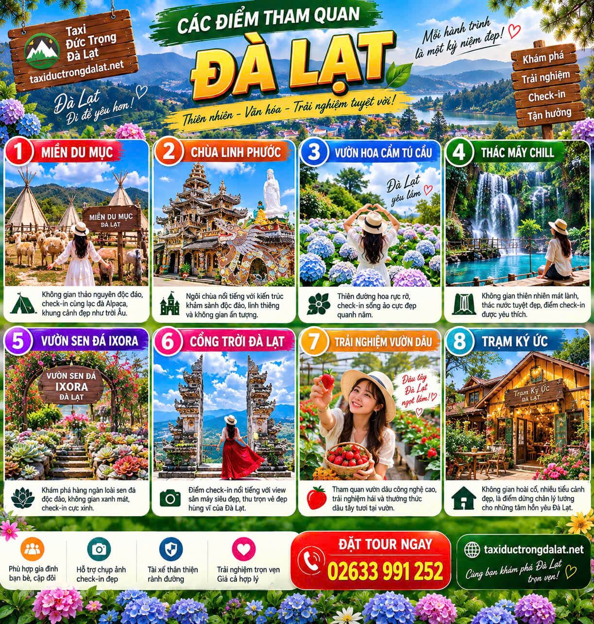 Tour Đà Lạt 1 Ngày Từ Đức Trọng: 10 Lịch Trình + Xe Ghép Đoàn 2026 Lịch trình Tour Nội Thành Đà Lạt 1 ngày – 8 điểm check-in: Miền Dã Mục, Chùa Linh Phước, Vườn Hoa Cẩm Tú Cầu, Thác Mắt Chưới, Vườn Sen Đá Dora, Công Trời Đà Lạt, Trạm Ký Ức