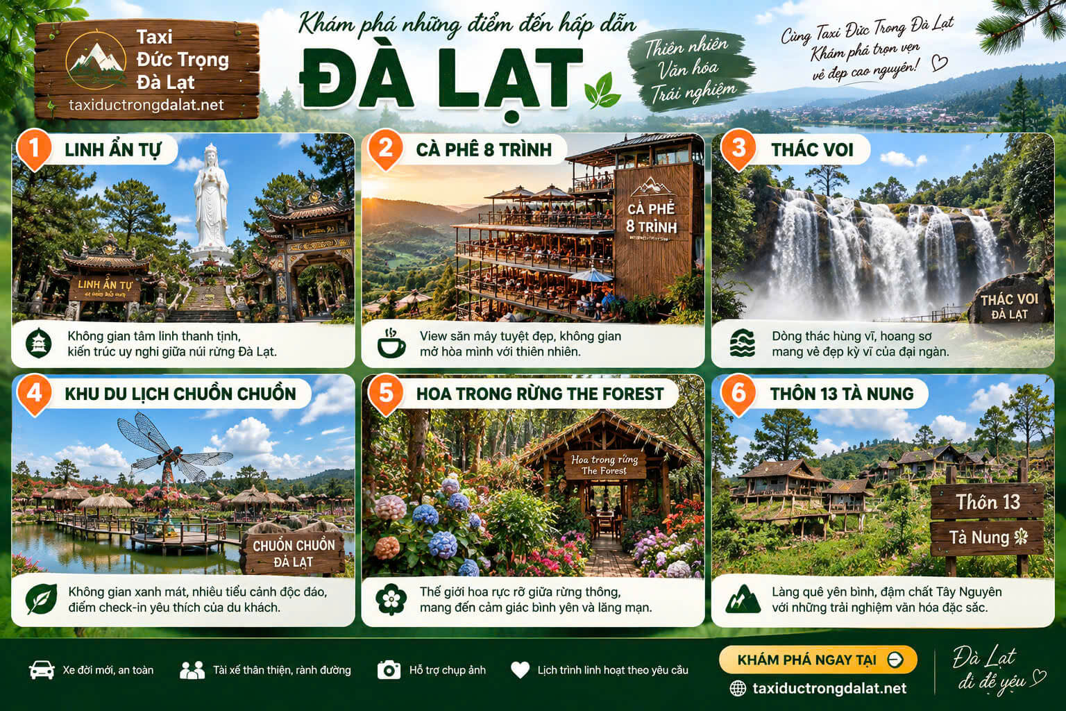 Tour Đà Lạt 1 Ngày Từ Đức Trọng: 10 Lịch Trình + Xe Ghép Đoàn 2026 Lịch trình Tour Tà Nung Đà Lạt 1 ngày – 6 điểm đến: Linh Ẩn Tự, Cà Phê 8 Tình, Thác Voi, Khu Du Lịch Chuồn Chuồn, Hoa Trong Rừng The Forest, Thôn 13 Tà Nung