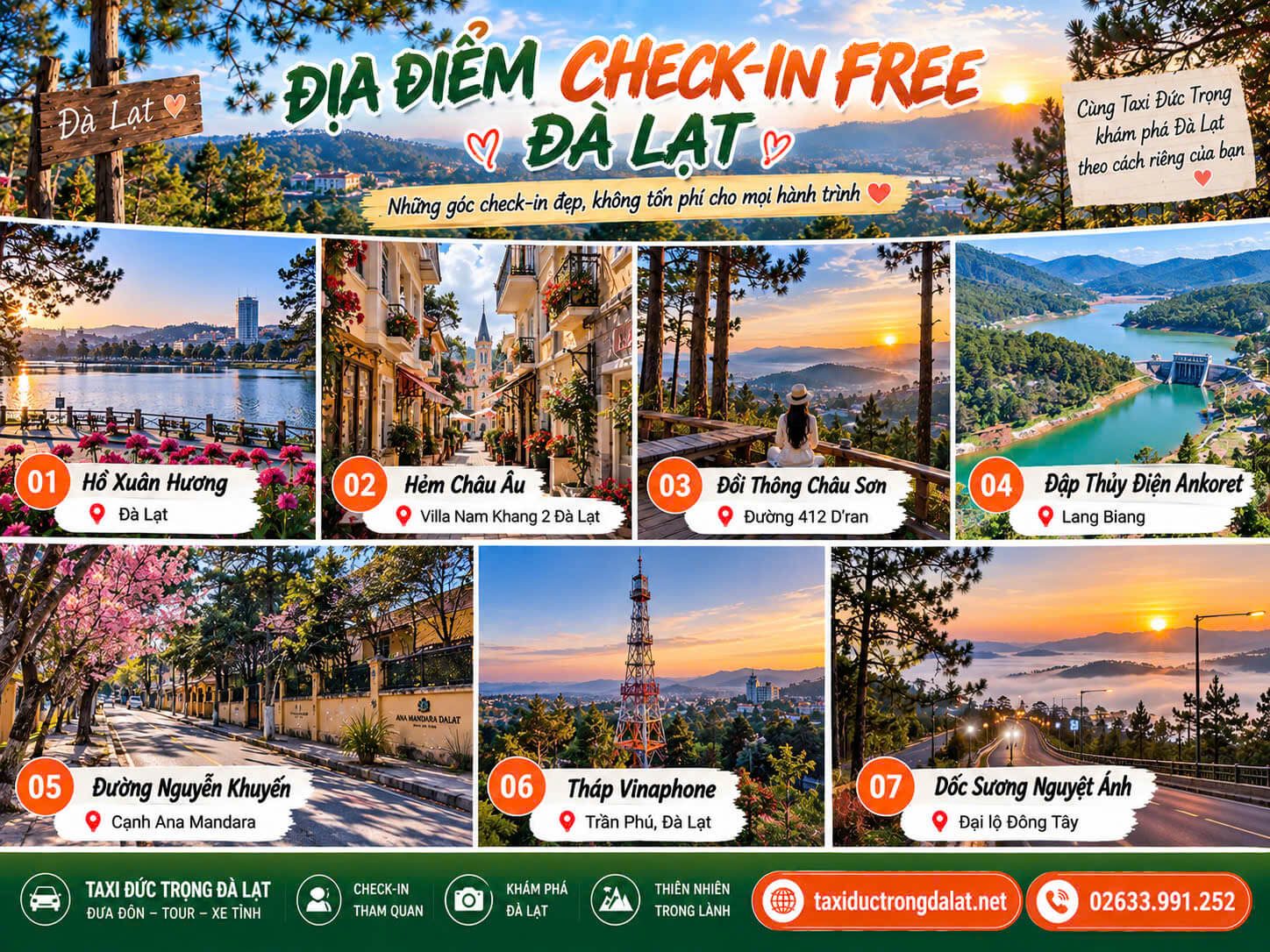 Địa Điểm Check-in Free Đà Lạt Cuối Năm 6 địa điểm check-in miễn phí Đà Lạt — Hồ Xuân Hương, Hẻm Châu Âu, Đồi Thông Châu Sơn, Đập Ankroet, Đường Nguyễn Khuyến, Tháp Vinaphone