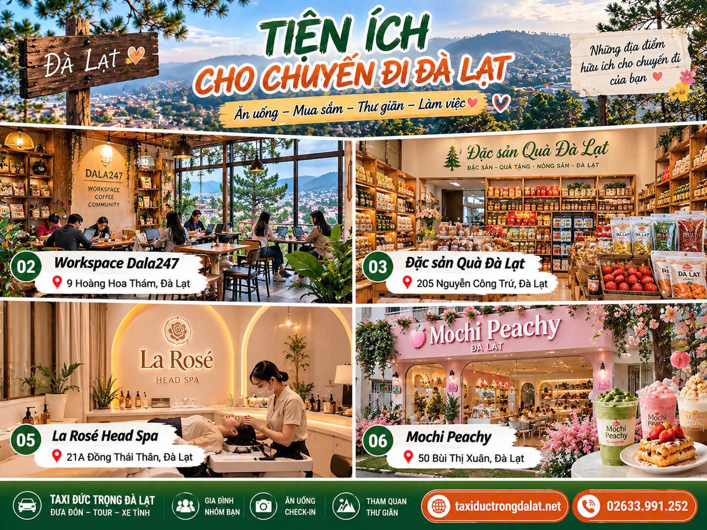 Tiện Ích Cho Chuyến Đi Đà Lạt 6 tiện ích chuyến đi Đà Lạt — thuê xe điện VF3, co-working Dala247, đặc sản Quà Đà Lạt, La Rosé Head Spa, Mochi Peachy