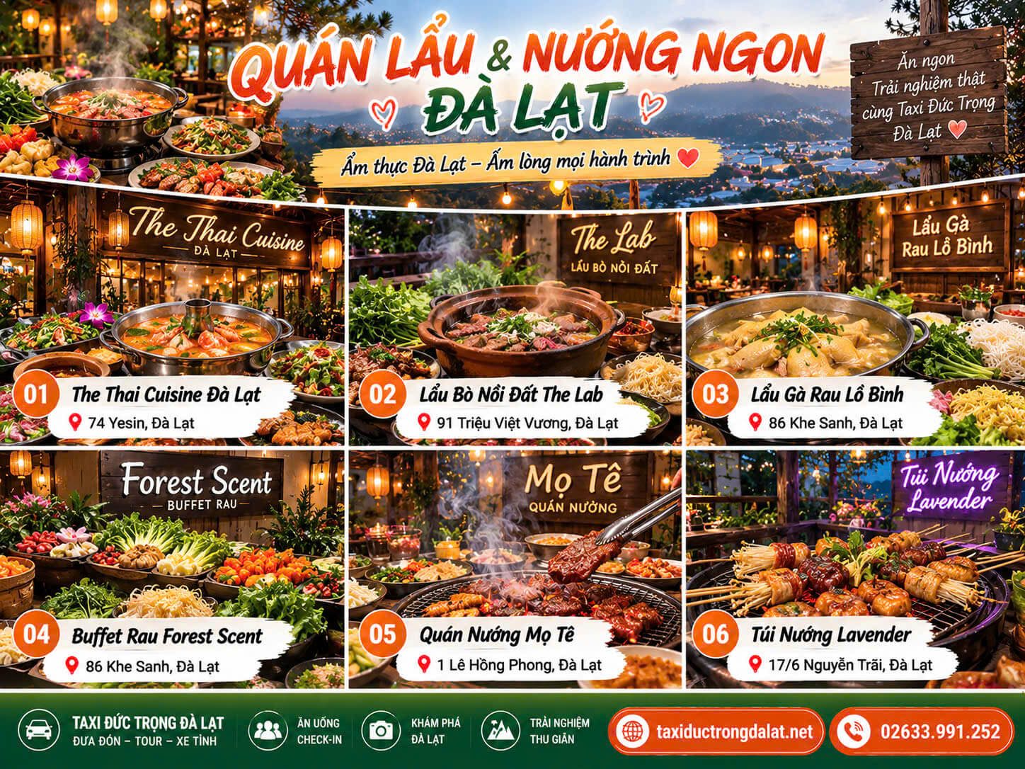 Quán Lẩu Nướng Ngon Đà Lạt Cuối Năm 6 quán lẩu nướng ngon Đà Lạt — The Thai Cuisine, Lẩu Bò Nồi Đất The Lab, Lẩu Gà Rau Lồ Bình, Forest Scent, Mọ Tê, Túi Nướng Lavender