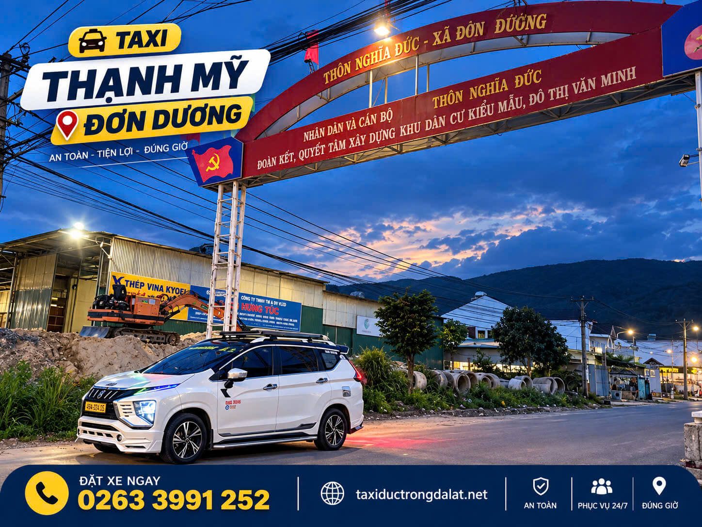 Taxi Đơn Dương: Tài Xế Ở Từng Xã Thạnh Mỹ, Ka Đô, Quảng Lập, D'Ran – Gọi 24/7 Xe taxi 7 chỗ dưới cổng chào thôn Nghĩa Đức, khu Thạnh Mỹ, xã Đơn Dương