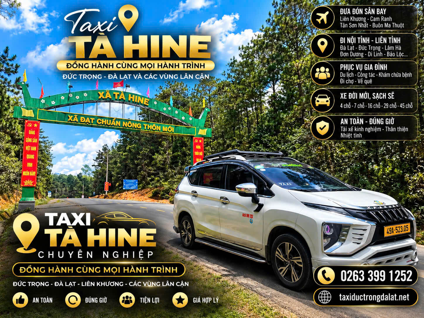 Taxi Đức Trọng Đà Lạt – Xe 4, 7, 16 Chỗ | Sân Bay, Đà Lạt 24/7 Taxi 7 chỗ dưới cổng chào xã Tà Hine đạt chuẩn nông thôn mới