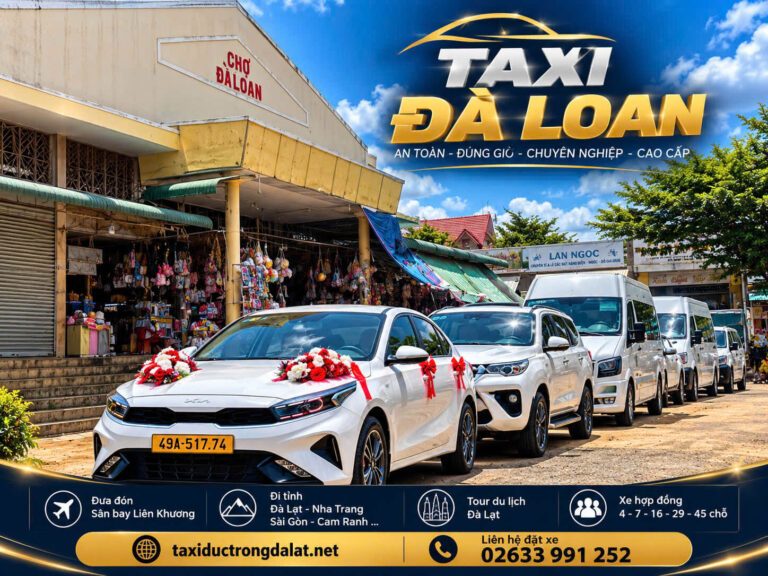 Đội xe taxi Lâm Đồng 4, 7, 16 chỗ Dàn xe 4 chỗ, 7 chỗ và 16 chỗ của nhóm Taxi Đức Trọng Đà Lạt xếp hàng trước chợ Đà Loan, Lâm Đồng