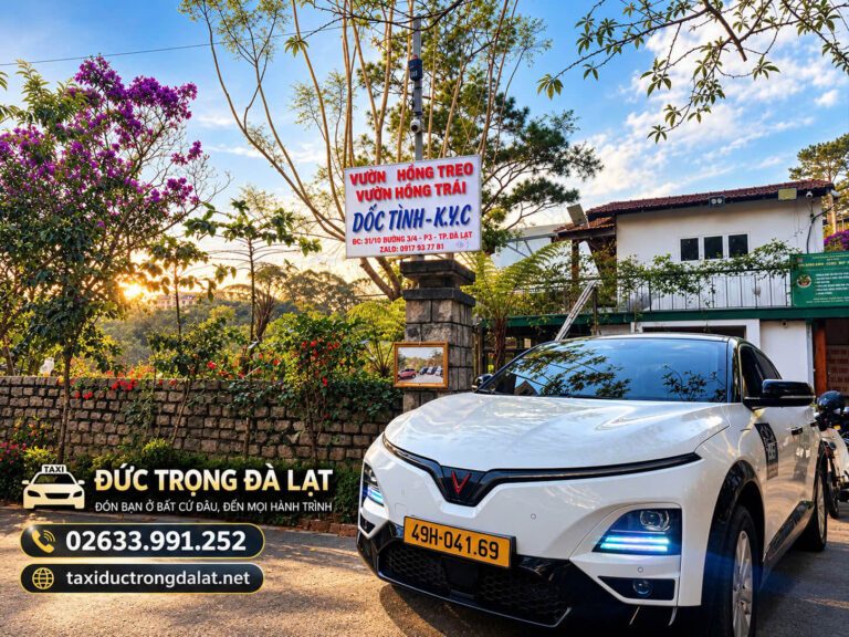 Tour Vườn Hồng Đà Lạt Mùa Hồng Chín 2026: 4 Lịch Trình Xe Riêng, Ghé Vườn Ngay Từ Sân Bay Tour vườn hồng Đà Lạt: xe điện VinFast 49H-041.69 của Taxi Đức Trọng Đà Lạt đậu trước cổng vườn hồng trên đường 3 Tháng 4