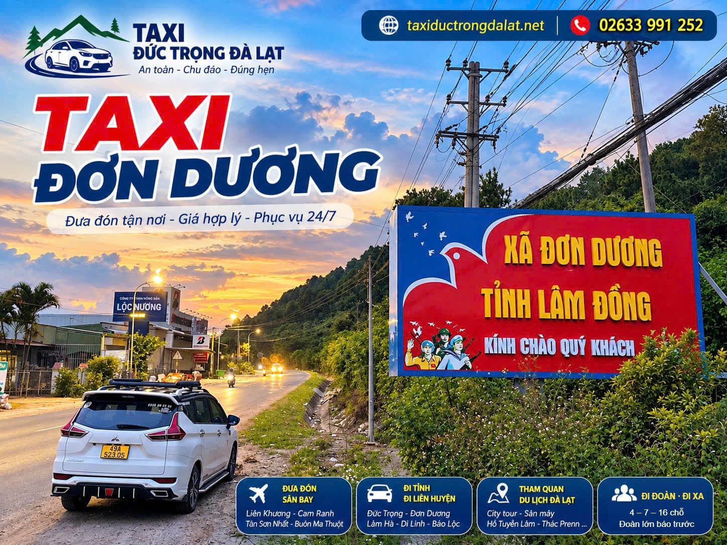 Taxi Lâm Đồng – Gọi 02633 991 252, Đón Khắp Tỉnh 24/7 Xe taxi 7 chỗ của Taxi Đức Trọng Đà Lạt bên biển Xã Đơn Dương – Tỉnh Lâm Đồng kính chào quý khách