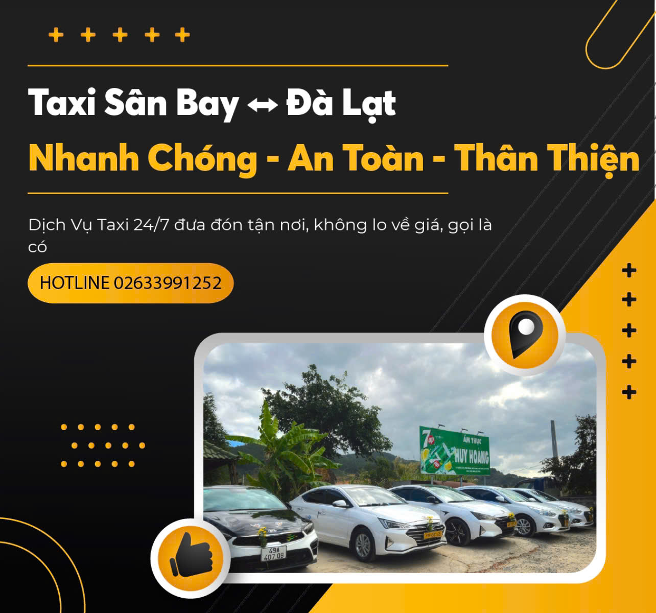 Hình ảnh minh họa dịch vụ Taxi Đức Trọng Đà Lạt với thông tin liên hệ hotline 02633 991 252, hỗ trợ khách đặt xe từ Đức Trọng đi Đà Lạt, sân bay Liên Khương và các tuyến liên tỉnh.